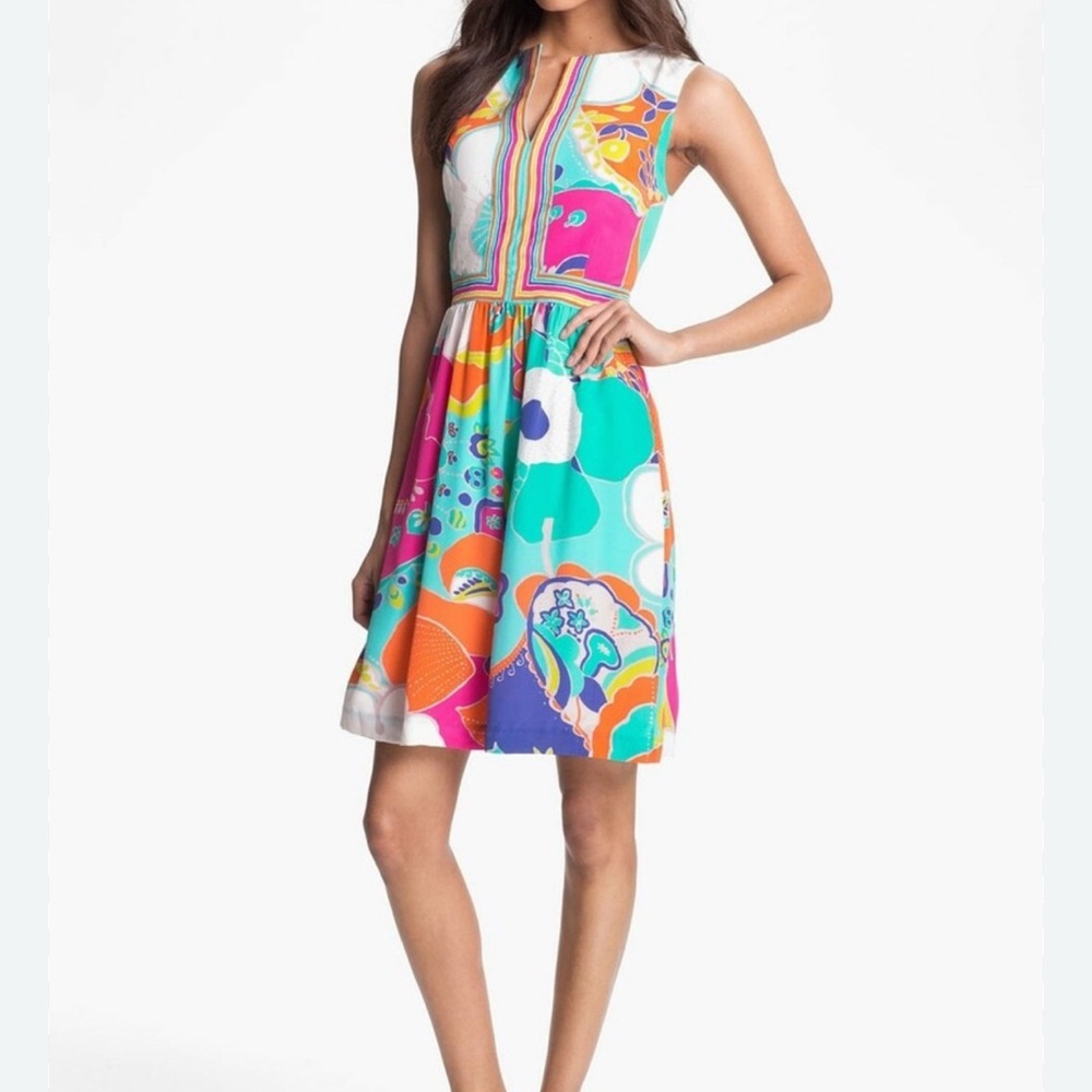 Trina Turk Crushes Sea Cove Tropical Floral Print Sleeveless Size 6 Silk Dress